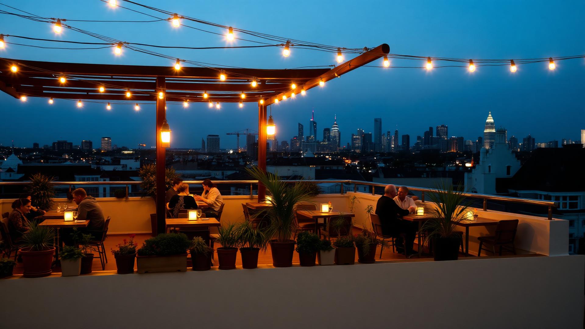 Rooftop dining at Cafe AURIKA with string lights